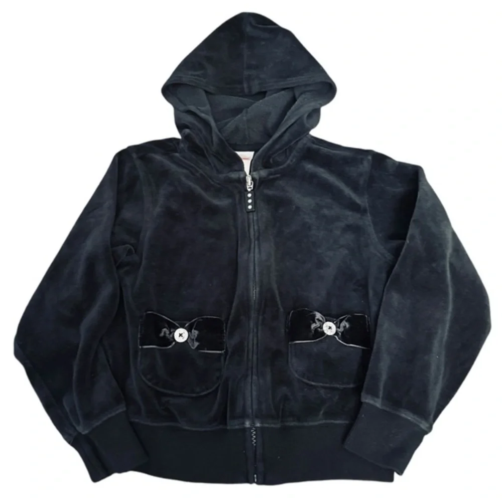 Gymboree Girls Black Velour Hoodie Bow Zip Up Sweatshirt 7